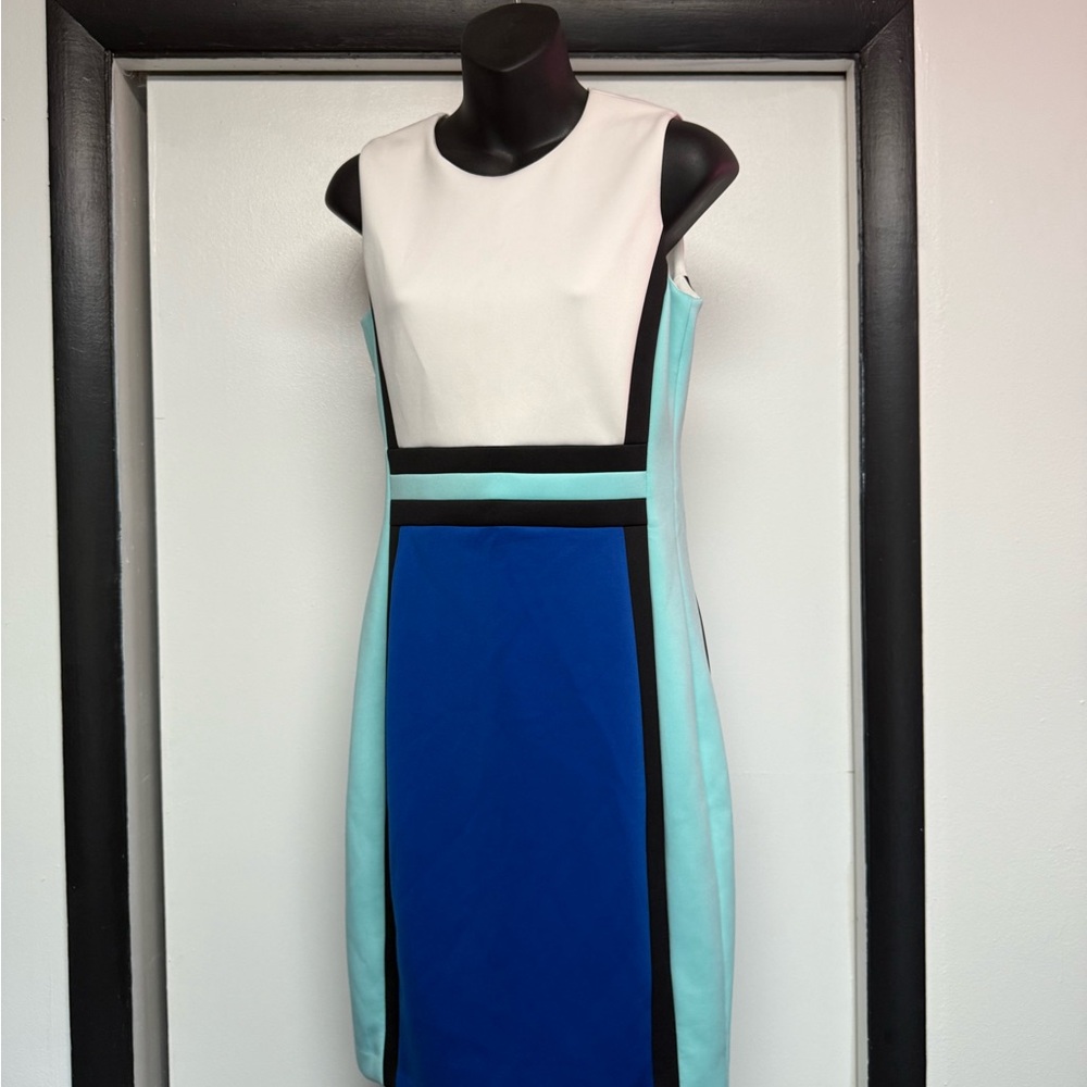 Elegant Colorblock Dress in White, Blue, and Aqua